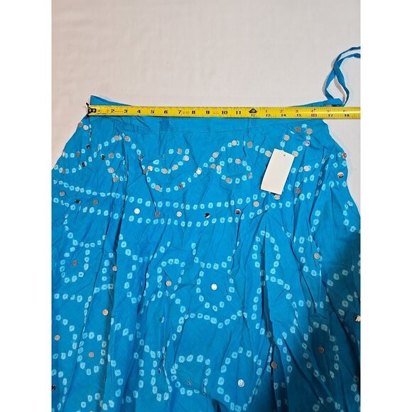 Handmade Blue boho midi skirt adjustable tie waist mirror sequins One Size New - Picture 6 of 16
